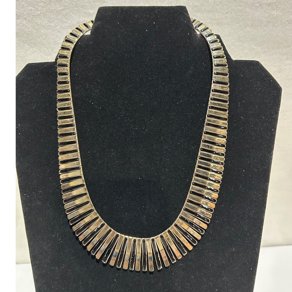 Gold Black Enamel‎ Collar Necklace Statement Bib Art Deco Fringe Vintage Style